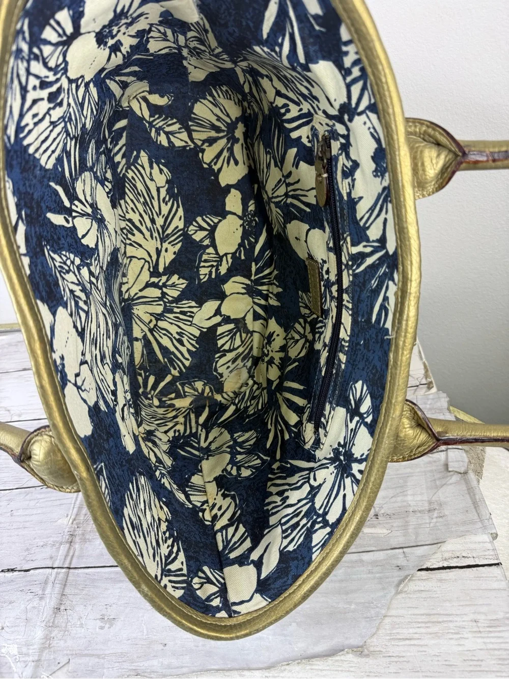 J. Crew Straw Tote with Metallic Gold Trim and Navy Interior